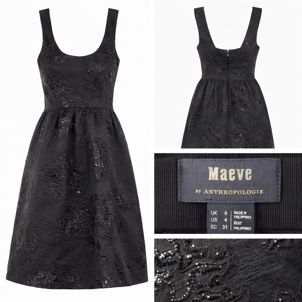 Maeve Anthropologie Black Jacquard Dress Fit Flare Floral Textured LBD US 4